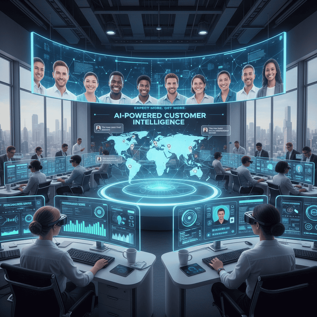 A high-tech, futuristic command center where customer service representatives are using AI-powered intelligence tools.