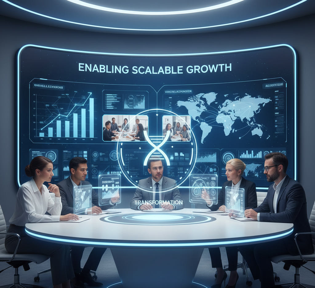 A futuristic workspace where professionals manage global operations & AI-driven business growth and transformation.