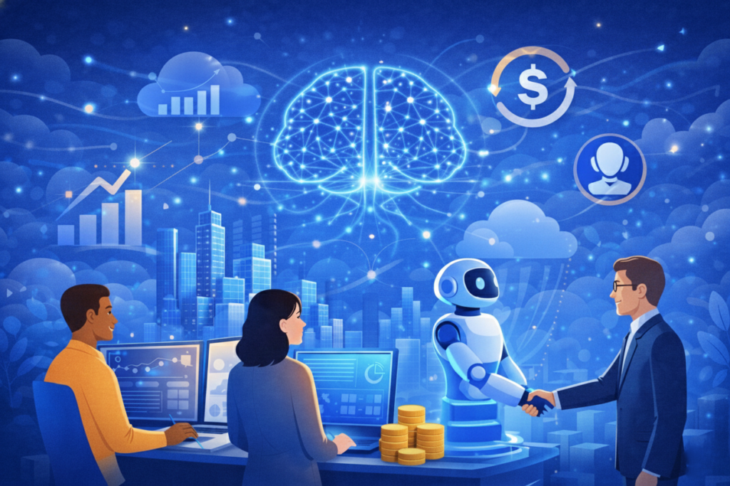 Artificial intelligence integrated into business operations, with a digital brain, data analytics, and AI collaboration.