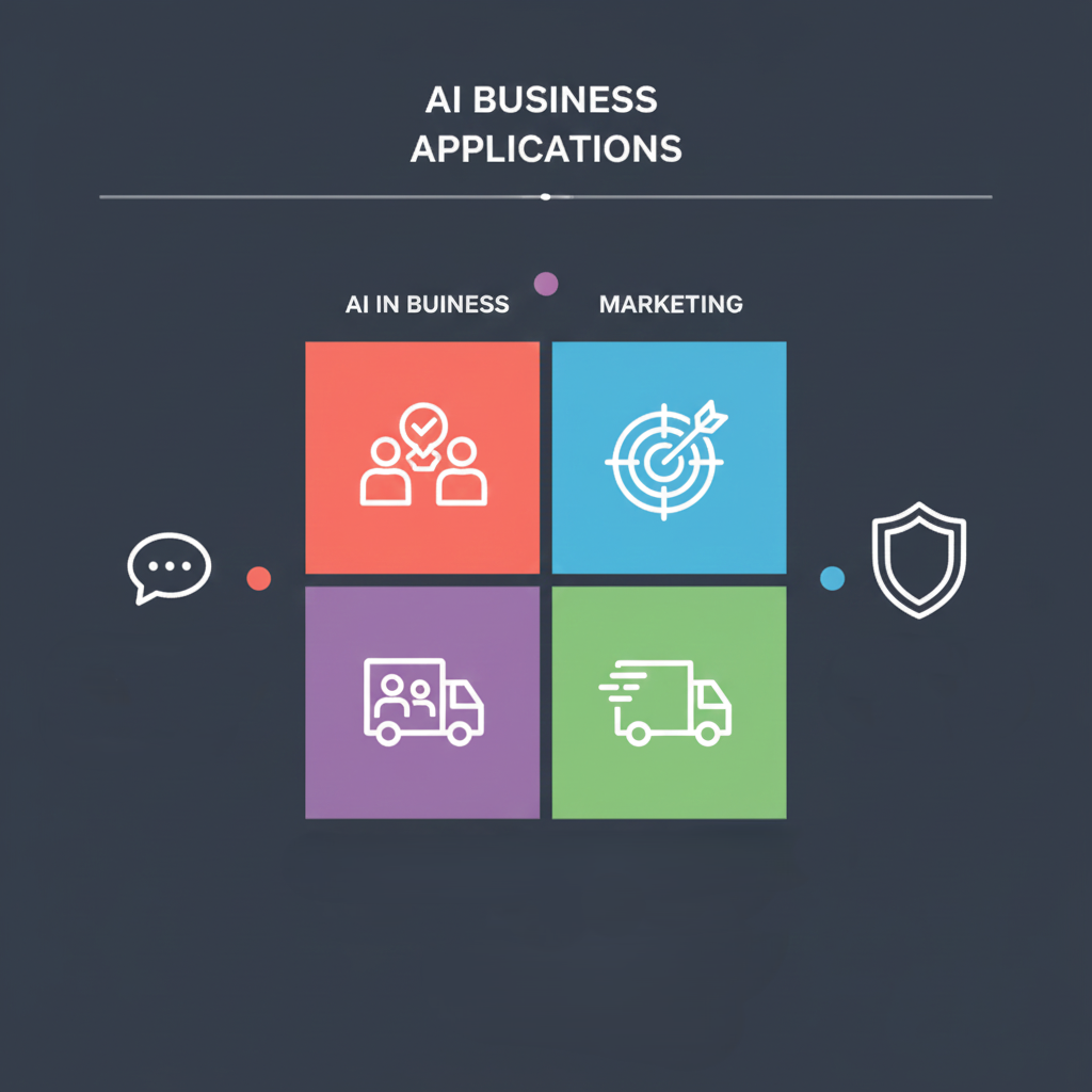 AI business applications with icons for marketing, finance, and automation.