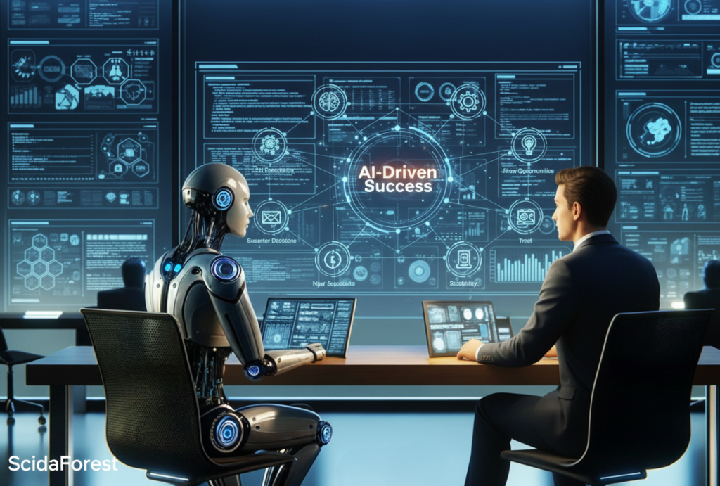 Human collabrates with AI to produce AI-driven success.