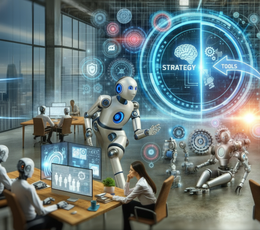 An office setting with robots and people working at computers, featuring a diagram highlighting that strategy and tools.