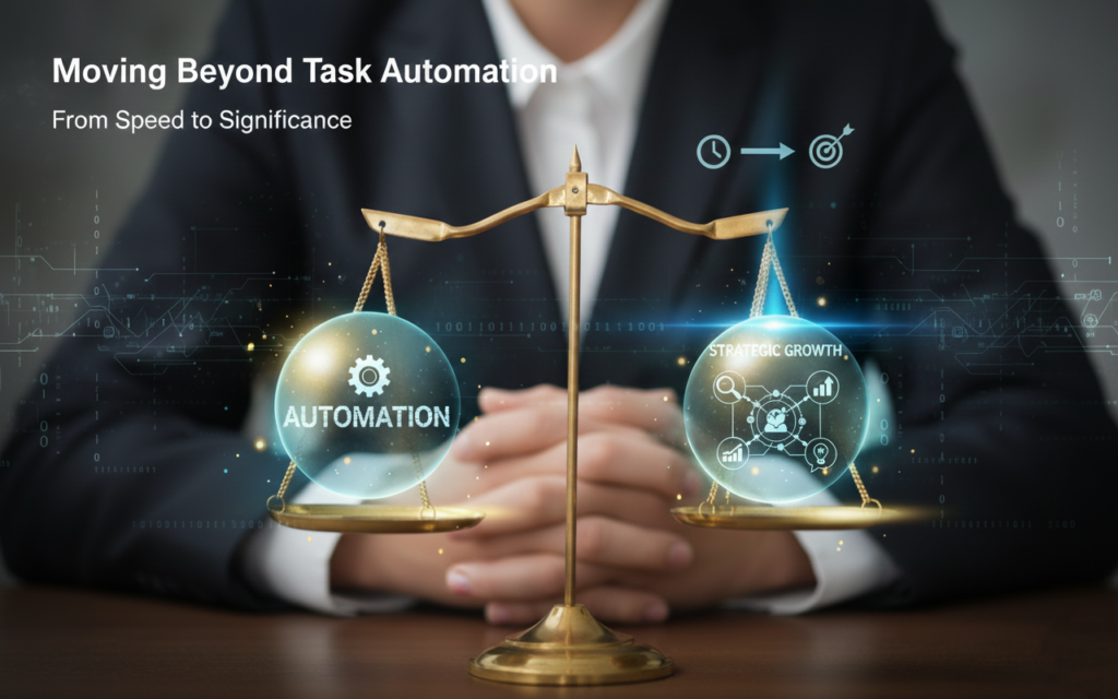 Represents a set of balance scales contrasting Automation with Strategic Growth.