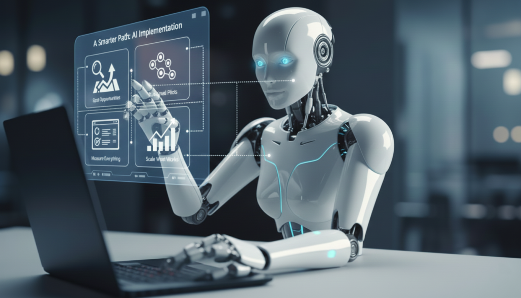 The robot is using a laptop, which includes AI implementation and measure everything.