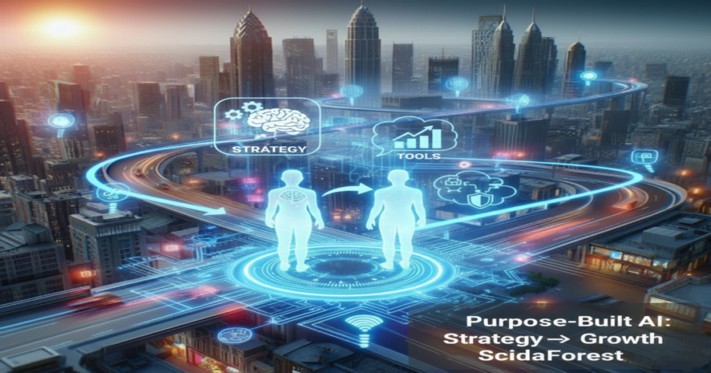 A futuristic city with a digital interface showing human connected to Strategy and Tools.