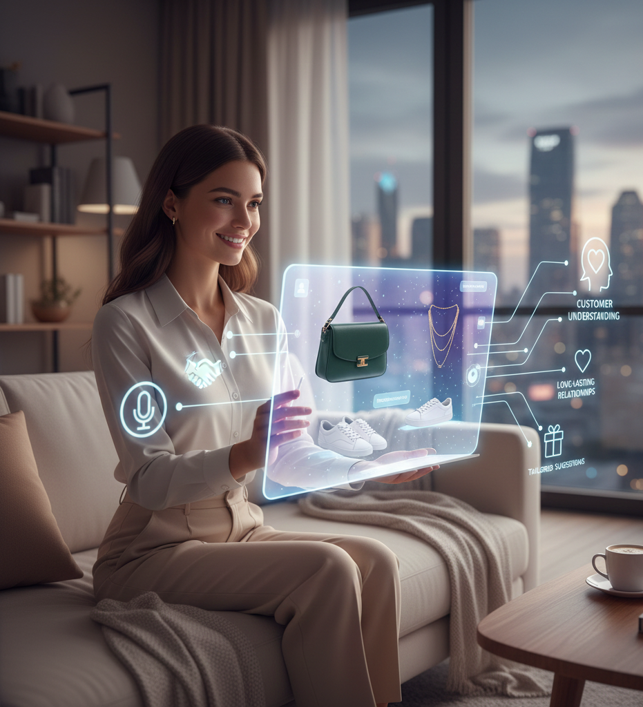 An AI analyzing customer data to provide personalized product recommendations and tailored marketing messages through enhanced user experiences.