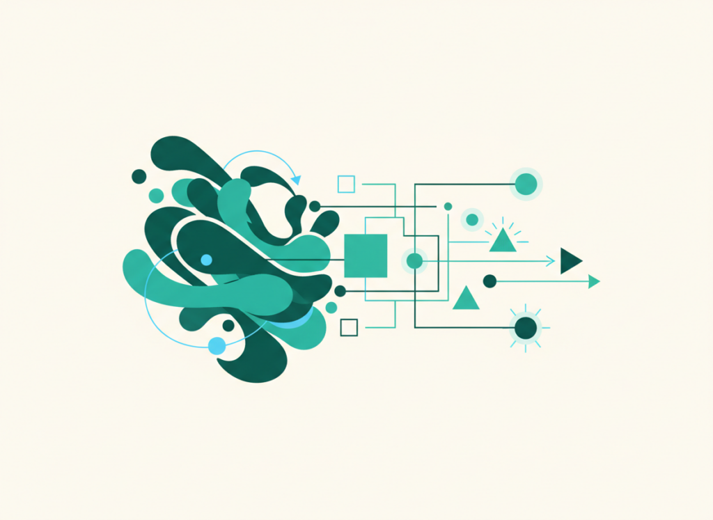 Showing the flow of ideas being executed using AI and smart systems.