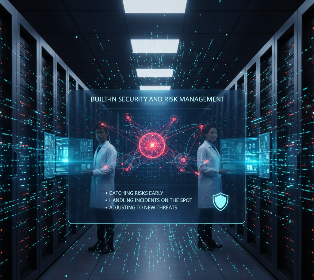 AI-driven cybersecurity system actively monitors and defends online business operations against threats in real-time.