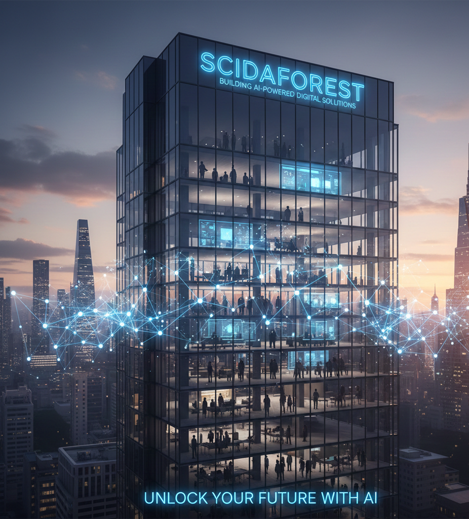 Illustration of AI transforming business operations and enabling scalable digital solutions.