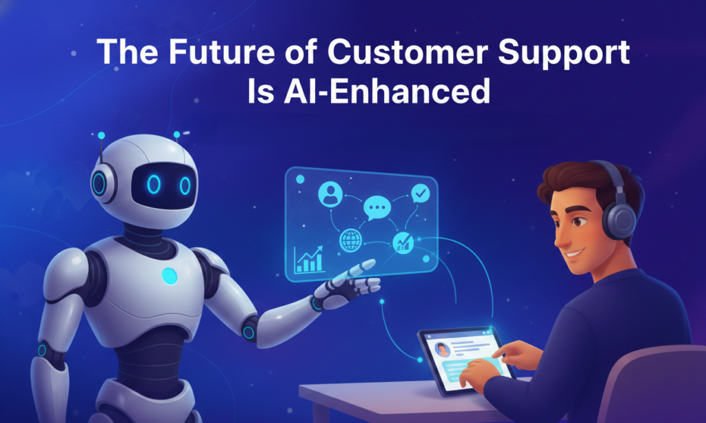 A stylized human and an AI robot collaborating to provide fast, reliable customer service for a growing business.