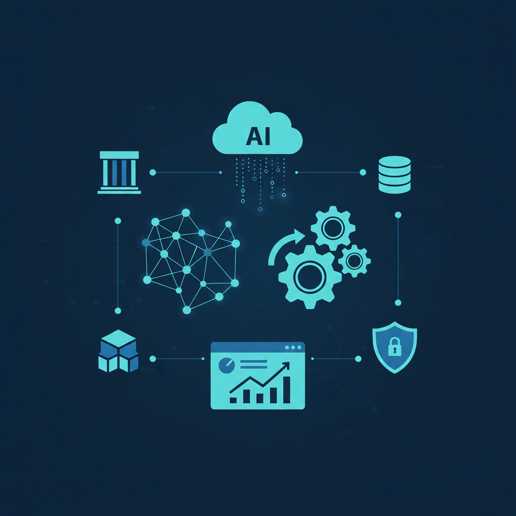 AI business concepts featuring icons, data analytics dashboards, machine learning, and automation gears in a modern technology.