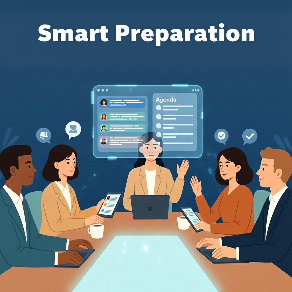 High-tech workspace showcasing AI-driven meeting preparation, featuring a professional using a transparent interface to view automated project summaries.