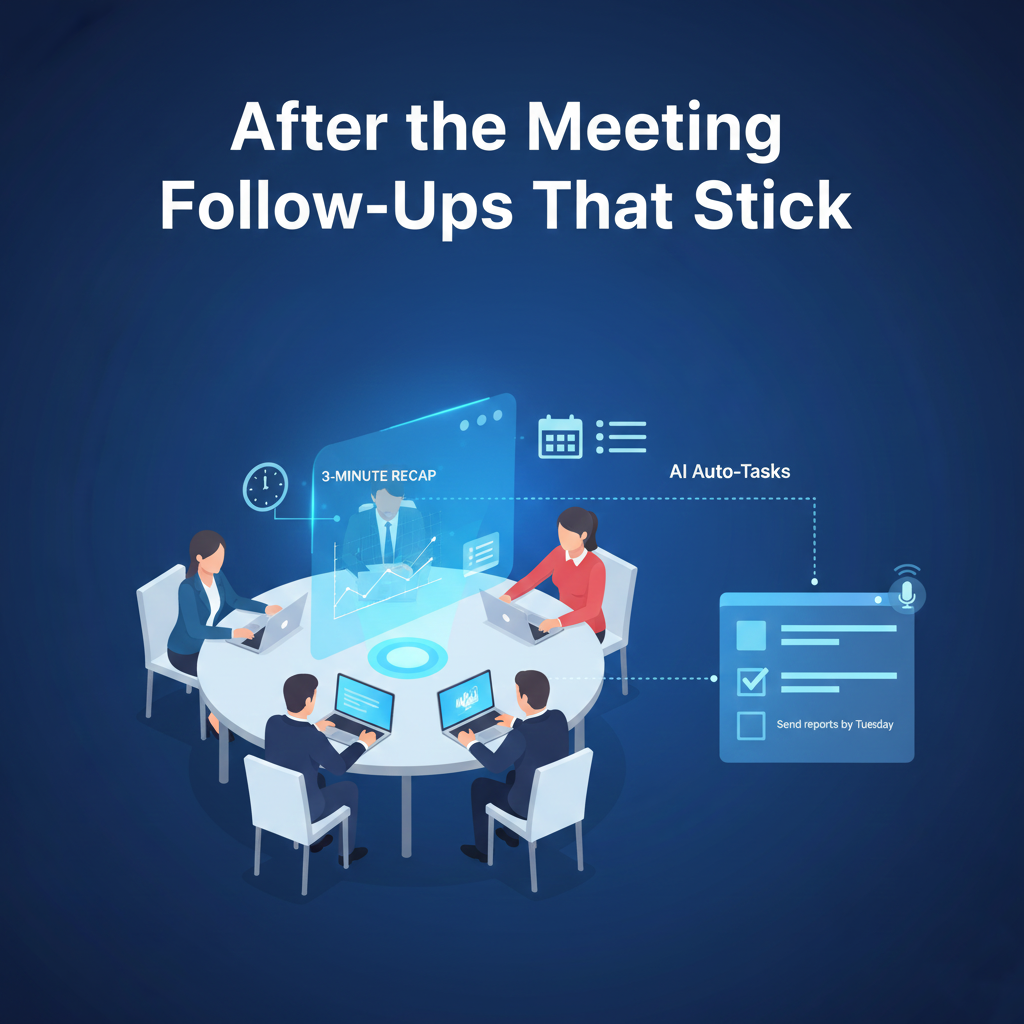 Displays an AI generated meeting summary checklist and automated post meeting follow-ups and tracking.