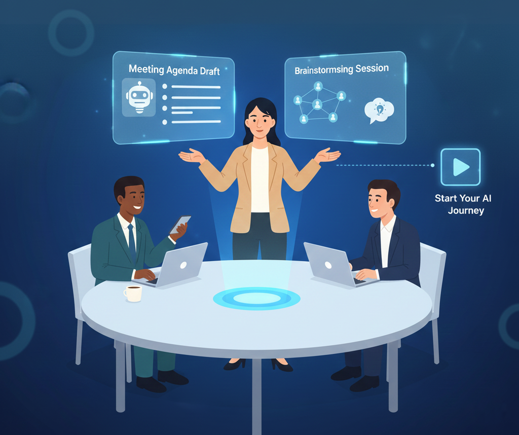 Team using AI tools during a brainstorming meeting to improve productivity and decision-making.