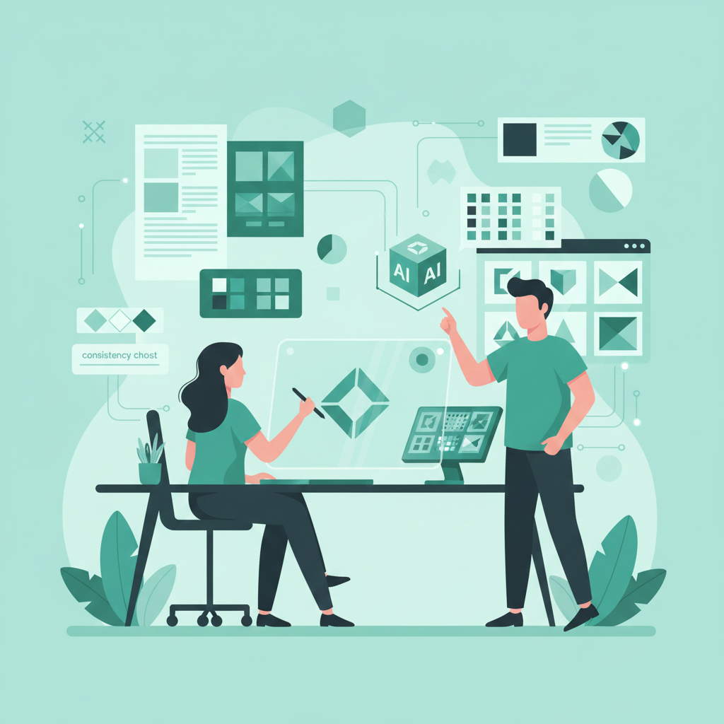 Illustration showing AI-assisted branding design integrating consistency, clarity, and creativity.
