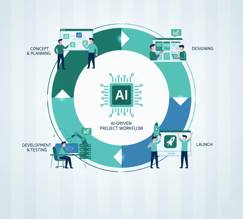 Showing a connected workflow from concept to launch in AI-driven digital project development.