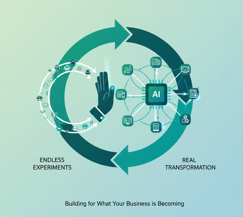 The transition from small AI experiments to structured, scalable digital systems. Growth, progression, and stability using abstract technology elements.