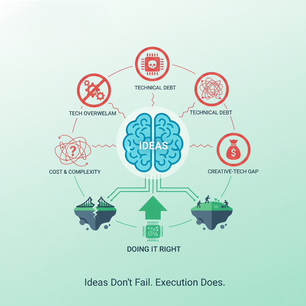 ScidaForest blog illustration about digital project execution, overcoming technical debt, and aligning design and development teams for successful AI product launches.