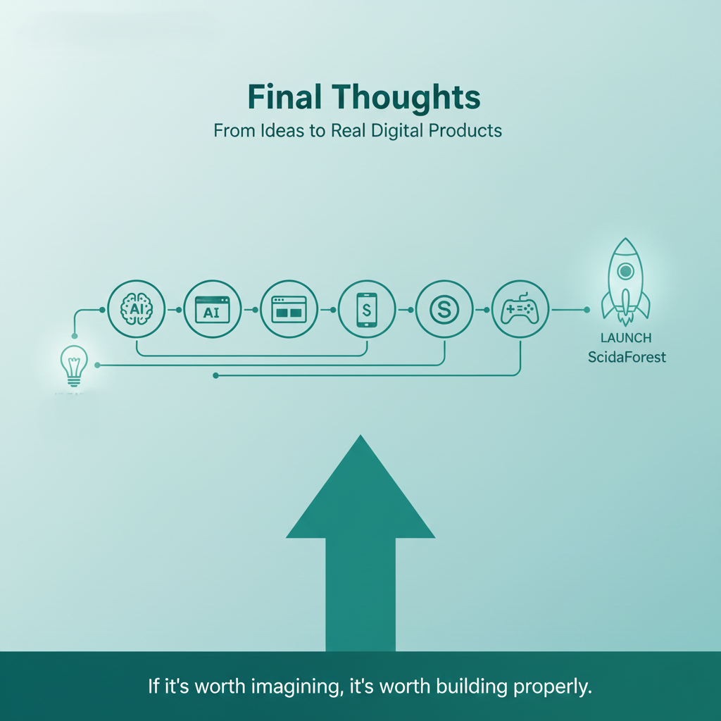 ScidaForest digital services including AI systems, VR experiences, and web application development, showing the transition from planning to a finished digital product.