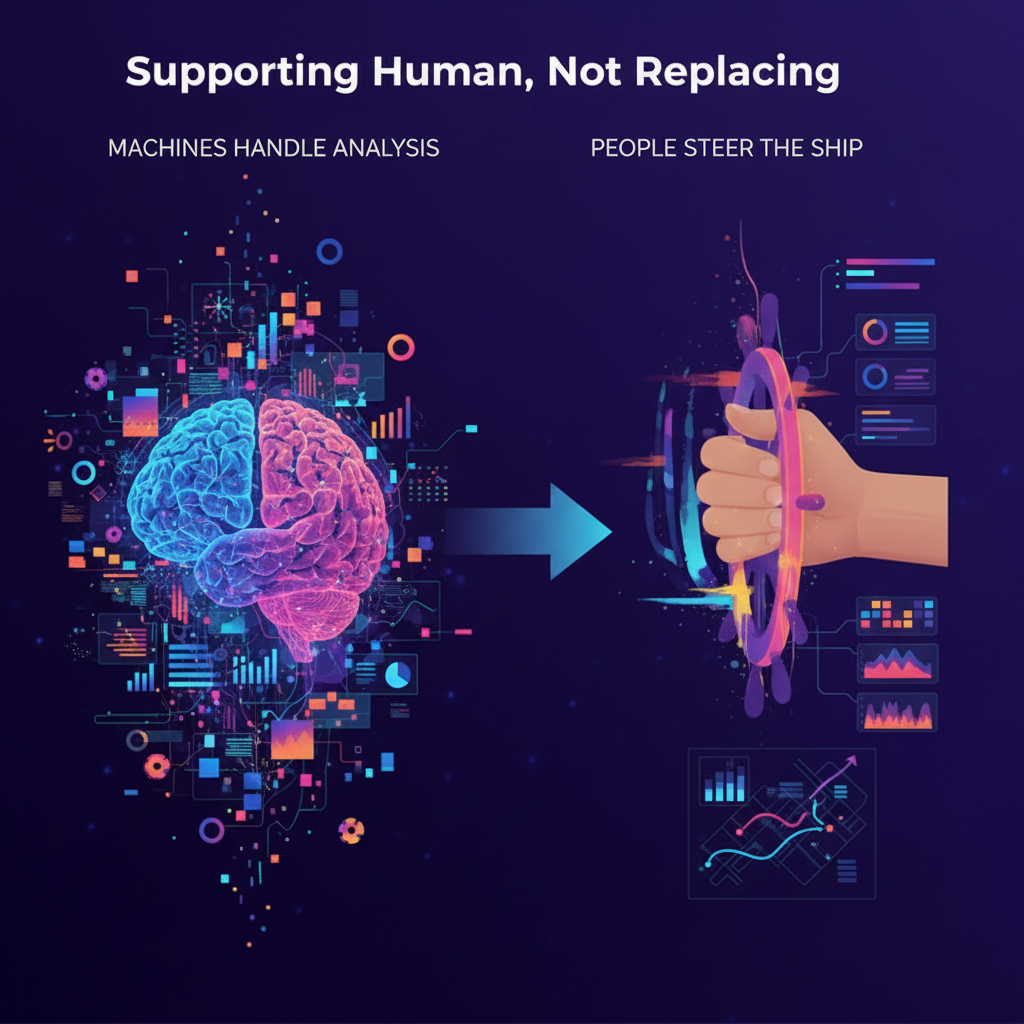 AI supporting human not replacing, showing the difference between machine handle and people.