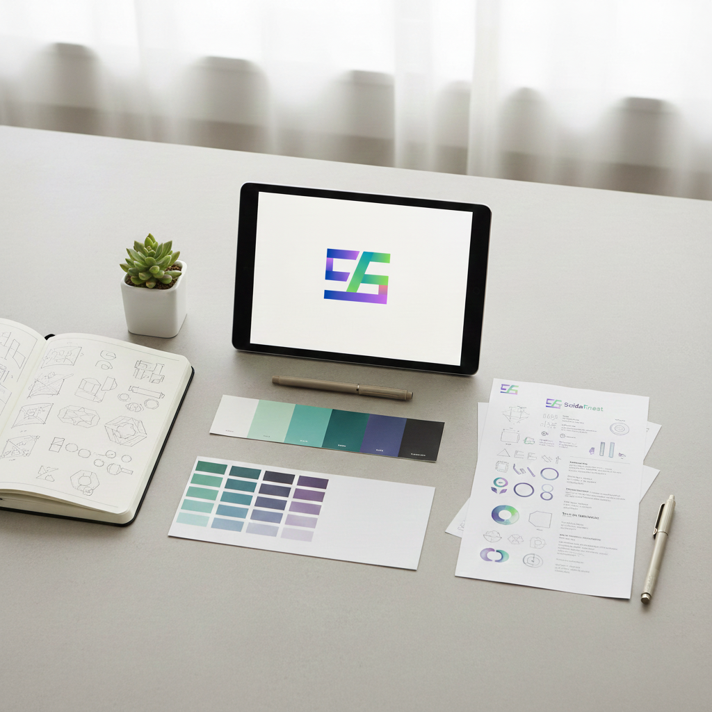 Visual identity elements including logo, colors, and typography working together.