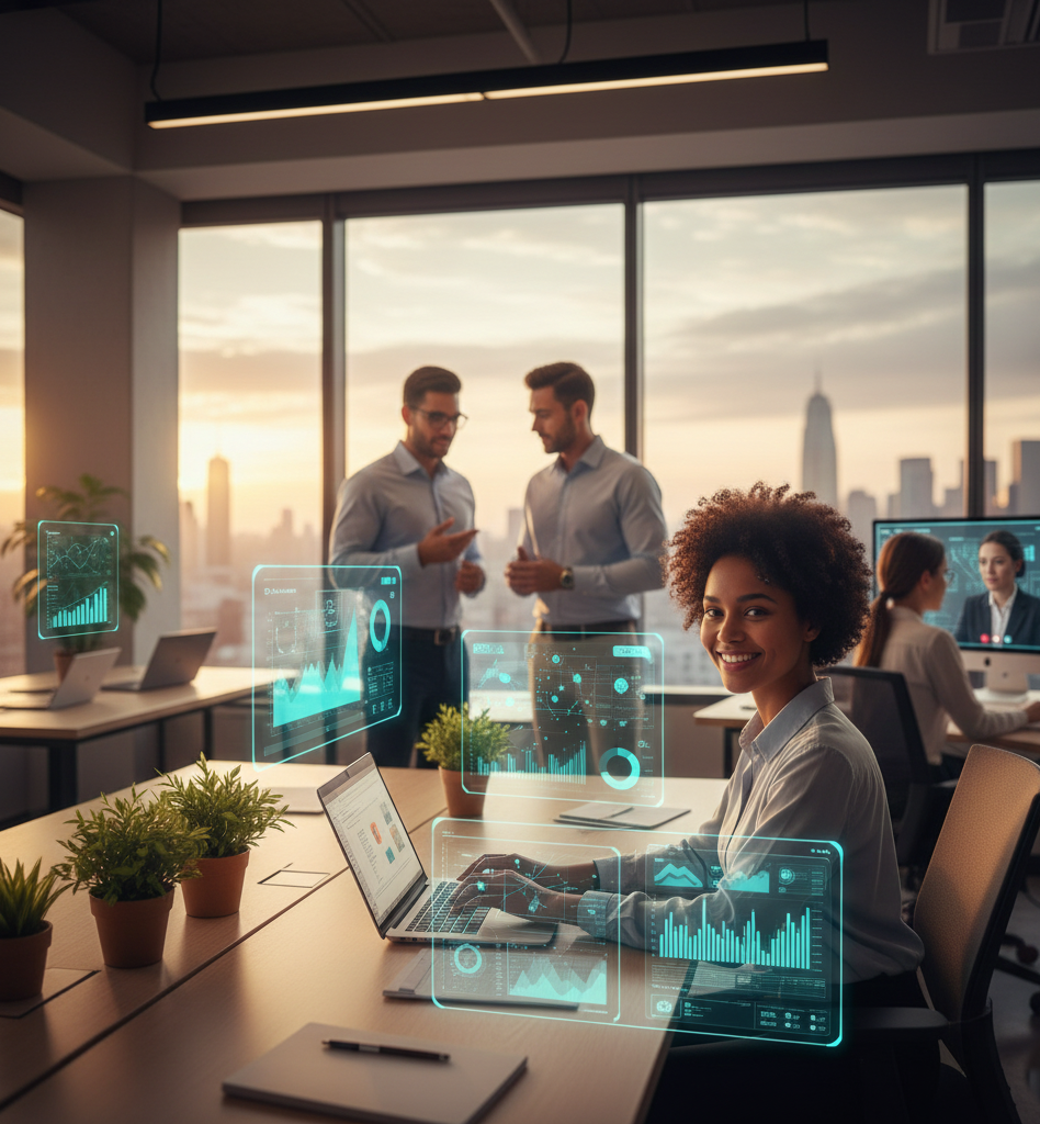 Business professionals using AI tools to work smarter and make confident decisions together.