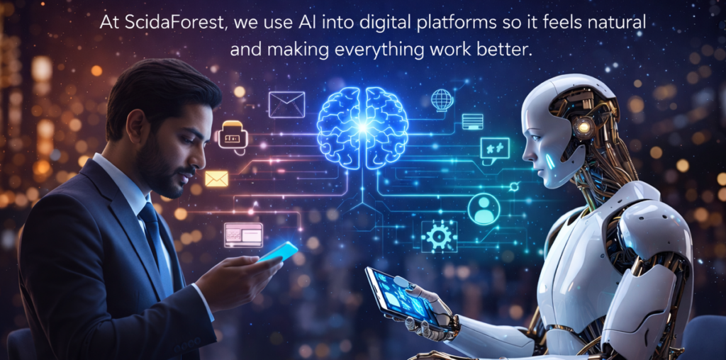 Businessman interacting with an AI-powered digital interface, symbolizing smarter digital experiences and seamless AI-driven business platforms by ScidaForest.