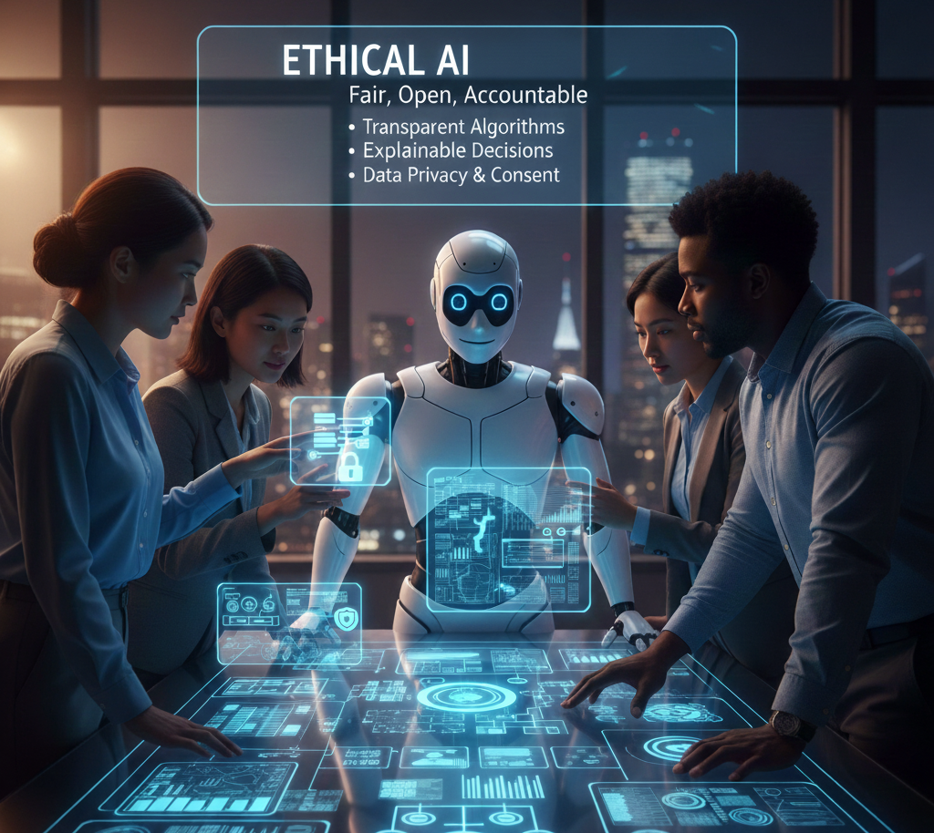 Representing Ethical AI is open, transparent decisions and data privacy.
