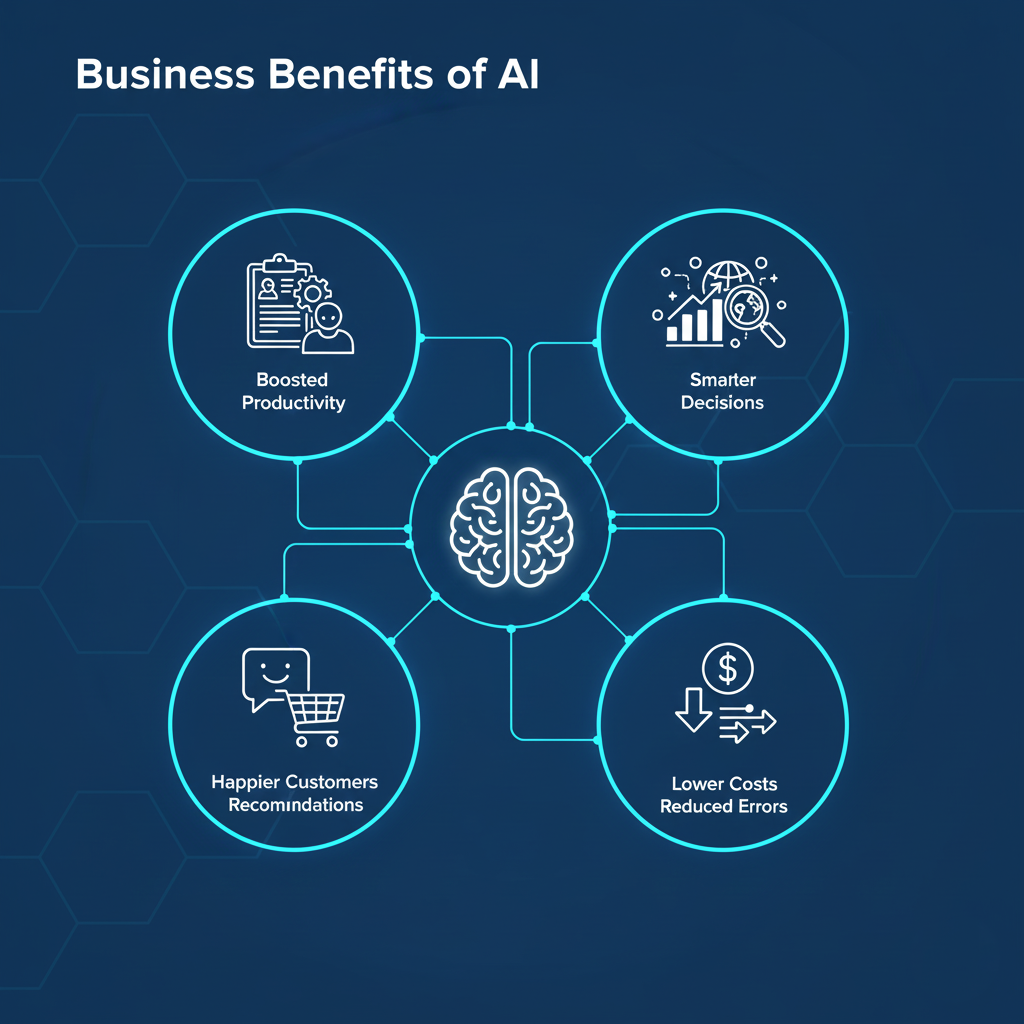 AI boosting productivity by automating tasks, enabling smarter data-driven decisions, enhancing customer service with chatbots, and reducing costs through streamlined operations.