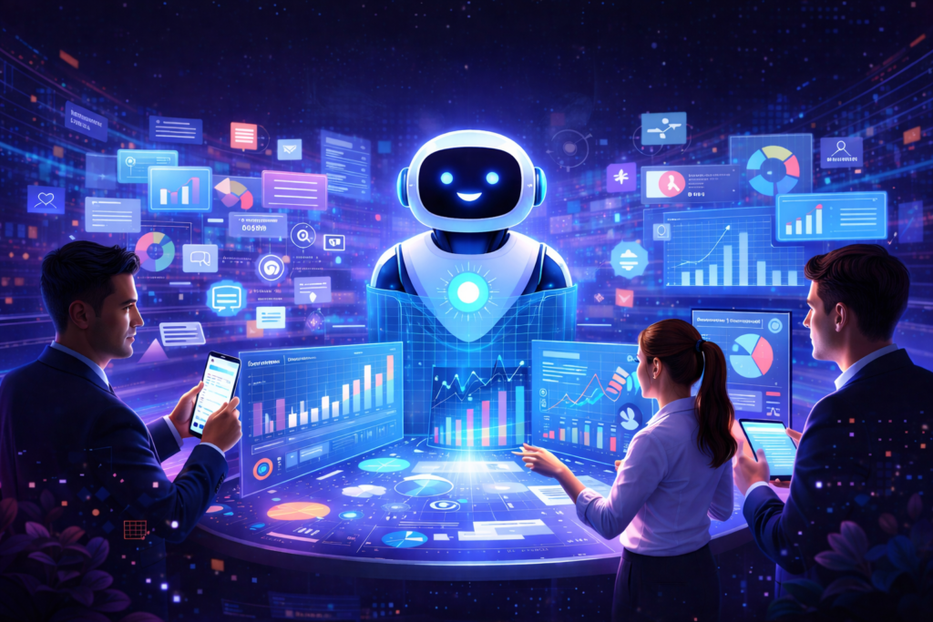 An illustration showing how artificial intelligence transforms raw business data into actionable insights.