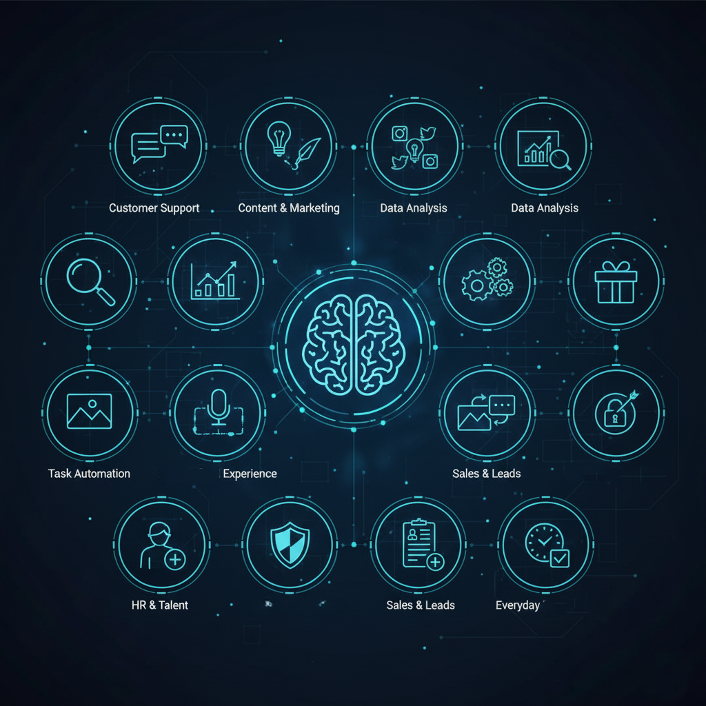 AI applications in business including customer support, marketing, data analysis, automation, personalization, sales, cybersecurity, HR, and productivity tools.