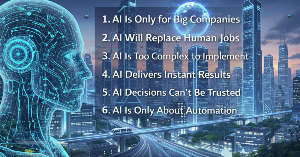 Illustration highlighting common AI myths that hold businesses back, showing companies use AI as a growth partner rather than just automation.