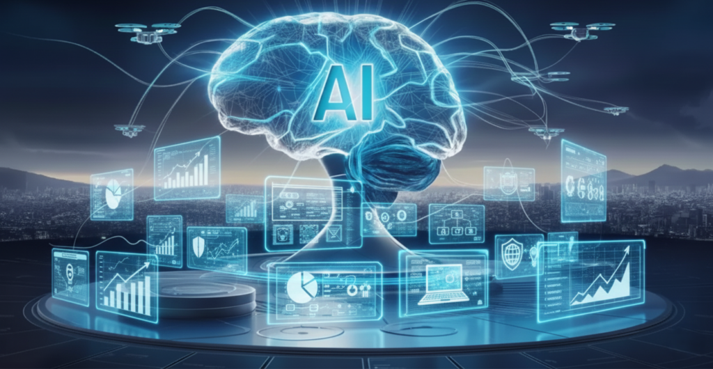 Illustration of a business using artificial intelligence to overcome common myths and grow their company.